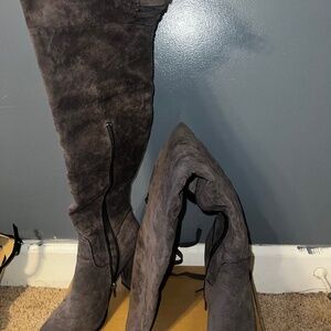 Gray thigh high boots